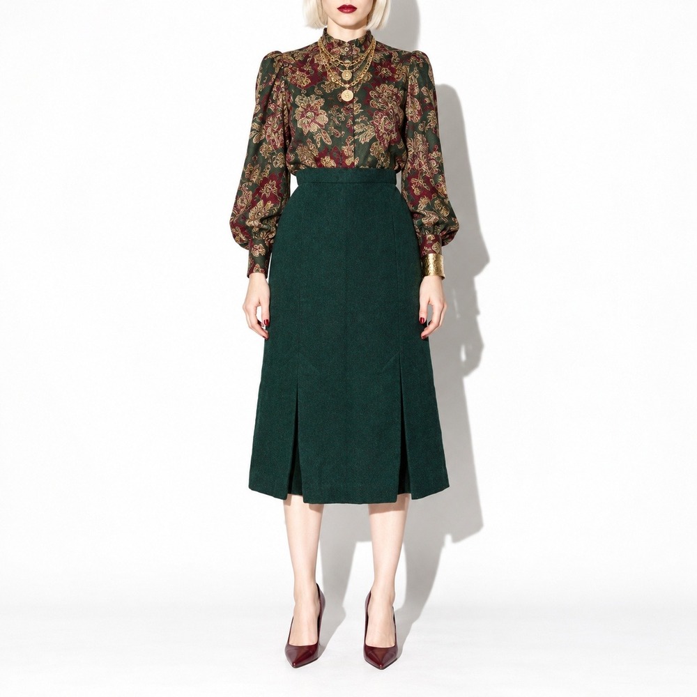 70s Vintage Wool A Line Midi Skirt Womens 4 Dark Forest Green Lined Pleated Boho